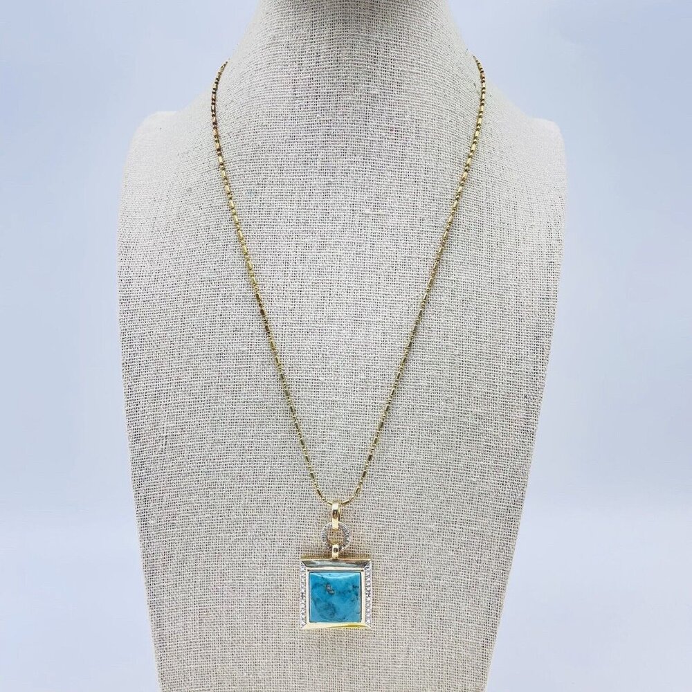 Square Faceted Turquoise Pendant Necklace Marked 925 China Gold Plated Crystals